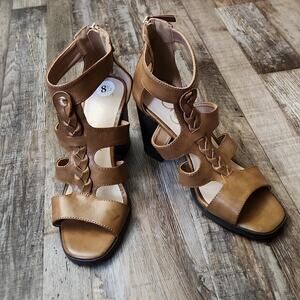 Sugar Women's Brown Chunky Heel Sandals Size 8.5‎ Zipper Heel Braided Gladiator